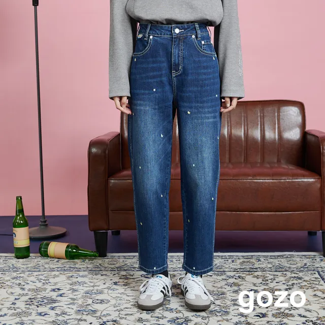 【gozo】字母繡花彈性水洗牛仔褲(深藍)
