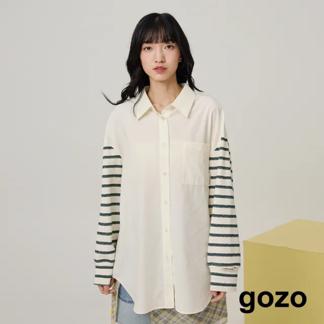 【gozo】天絲棉針織條紋拼袖涼感襯衫(兩色)