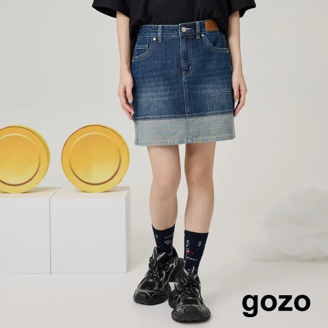 【gozo】涼感天絲麻拼接牛仔短褲裙(兩色)