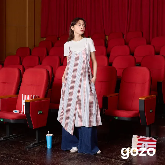 【gozo】格紋拼接不規則下擺細肩帶洋裝(兩色)