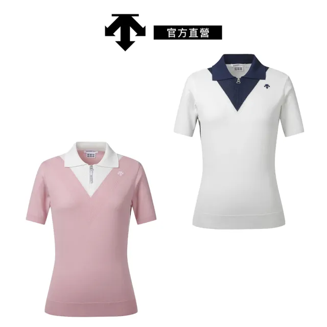 【DESCENTE】GOLF 迪桑特 女士 高爾夫球POLO衫 有領針織短袖上衣(粉色/白色)