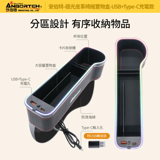 【ANBORTEH 安伯特】極光皮革椅縫置物盒-USB+Type-C充電款-快(汽車座椅置物盒 椅縫置物盒 車用收納)