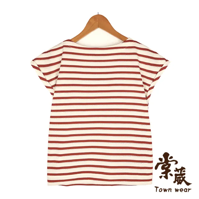 【TOWN’WEAR 棠葳】純棉鏤空針織T恤(Elegant Floral Print Stripe Blouse)