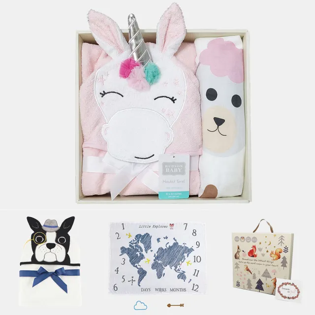 【Hudson Baby】彌月禮盒組-純棉嬰幼兒童動物連帽浴巾+嬰兒成長紀錄萬用透氣竹纖維雙層紗布包巾(哺乳巾)