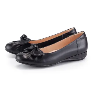 【MAGY】扭結造型蝴蝶結楔型低跟鞋(黑色)