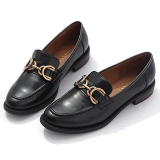 【DIANA】2.5cm質感牛皮光澤大金屬馬銜釦飾方頭低跟樂福鞋(黑糖)