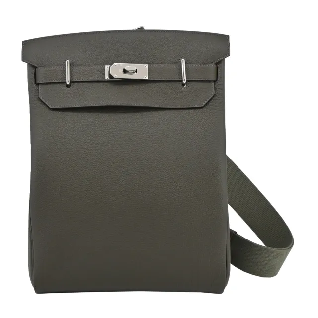 【Hermes 愛馬仕】Hac a Dos 26cm U刻 TG牛皮肩背包(C6墨綠/銀釦)