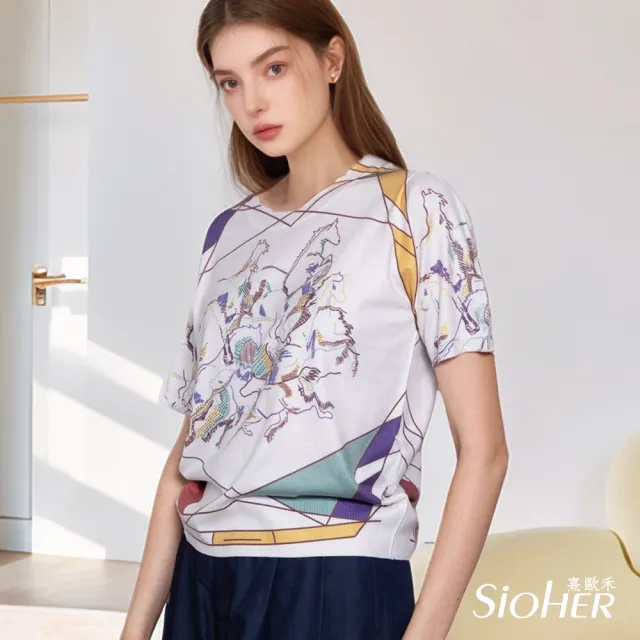 【SiOHER 熹歐禾】現貨 法式手繪印染鑽飾真絲衣(女上衣/圓領/T恤)