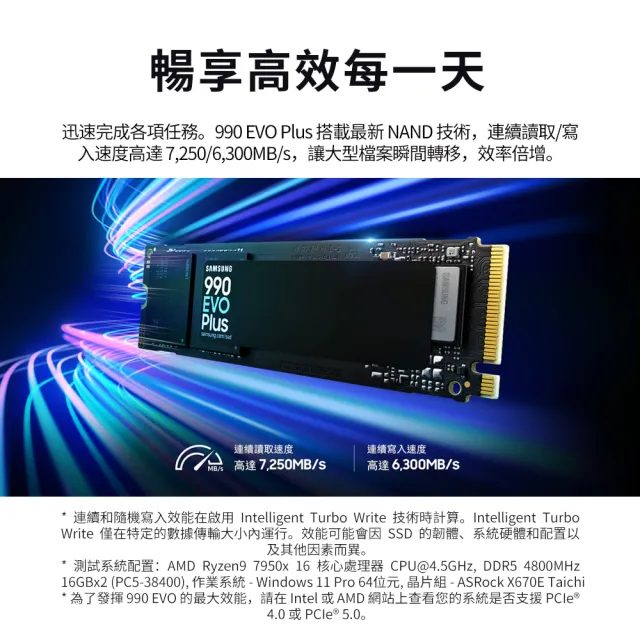【Samsung 三星】990 EVO Plus 2TB M.2 2280 PCIe 5.0 ssd固態硬碟 MZ-V9S2T0BW 讀7250M/寫6300M