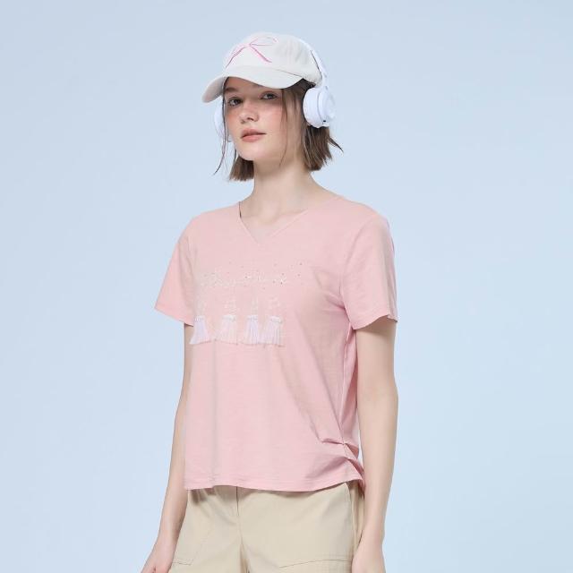 【OUWEY 歐薇】V領芭蕾貓咪印花竹節棉T恤(粉；M-XL；3252161017)