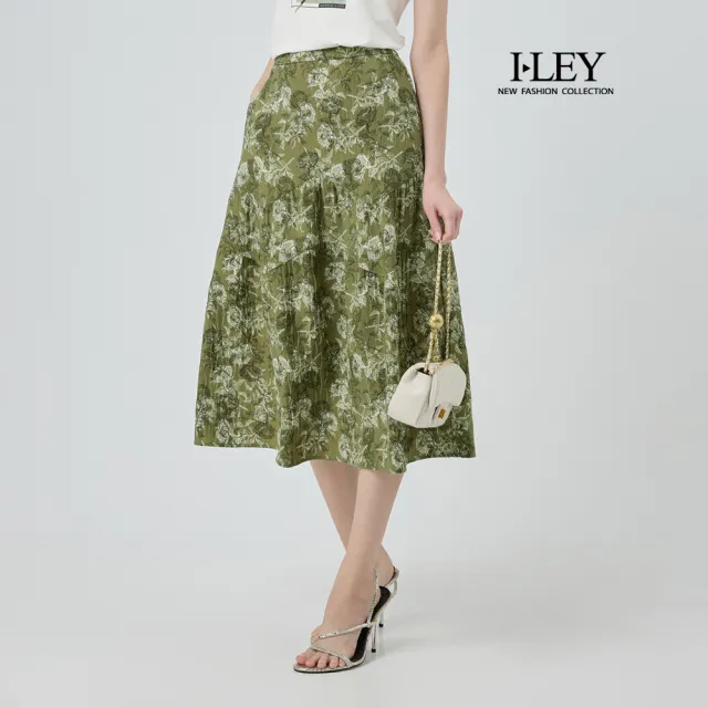 【ILEY 伊蕾】波浪剪接細褶印花中長裙(綠；M-XL；1252072237)（其他規格）