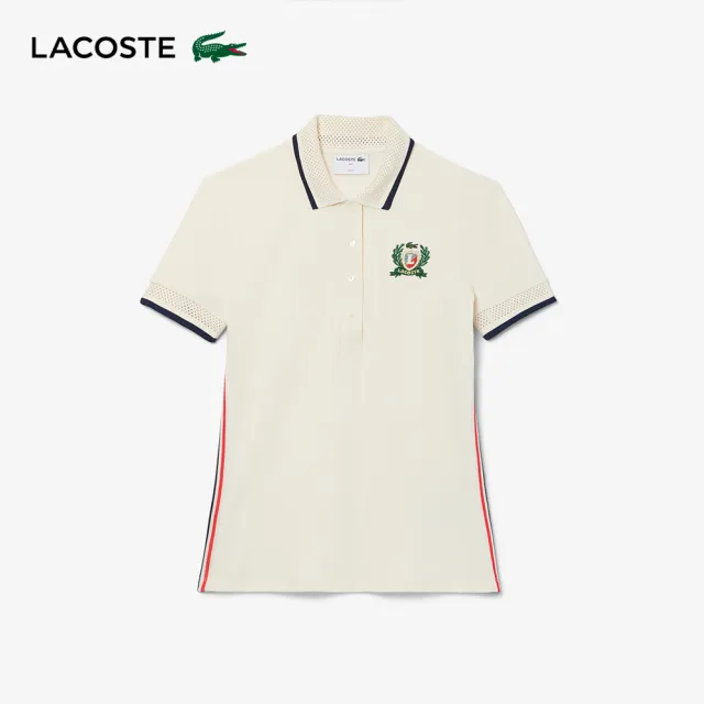 【LACOSTE】女裝-修身法國製側腰飾邊短袖Polo衫(白色)