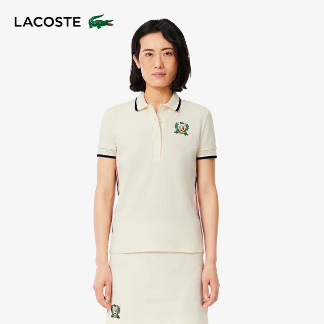 【LACOSTE】女裝-修身法國製側腰飾邊短袖Polo衫(白色)