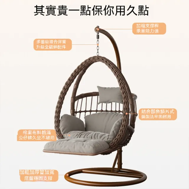 【E-home家居】吊籃藤椅 搖籃椅 吊籃椅 鳥巢吊床搖椅 吊椅 陽台鞦韆(雙人款無腳踏 優質藤條 預購15天)