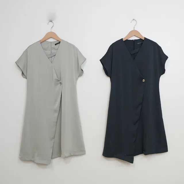 【MASTINA】V領不對稱造型短袖短洋裝(綠 灰/魅力商品)