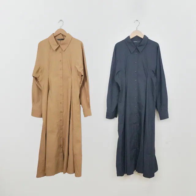 【MASTINA】高貴優雅腰身襯衫領長袖長洋裝(藍 卡/魅力商品)