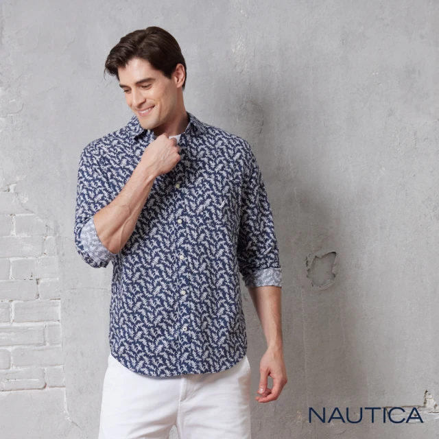 【NAUTICA】官方旗艦 男裝 葉片印花休閒襯衫(藍色)