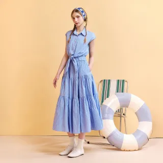 【OUWEY 歐薇】假兩件蛋糕裙細條紋洋裝(藍；S-L；3252327539)