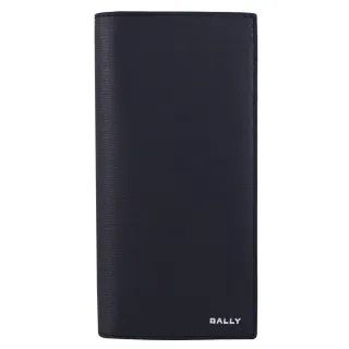 【BALLY】簡約燙印LOGO水波紋皮革對折零錢長夾(午夜藍)