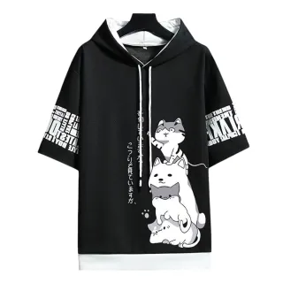 【CS22】夏季連帽短袖T印花卡通貓上衣(S-3XL/6色)