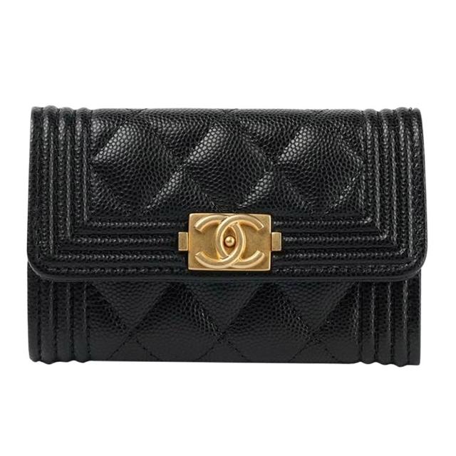 【CHANEL 香奈兒】A80603 經典BOY復古金扣牛皮扣式零錢包(黑色)