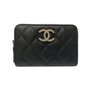 【CHANEL 香奈兒】AP4560 經典水鑽雙C LOGO 菱格紋牛皮短夾(黑色)