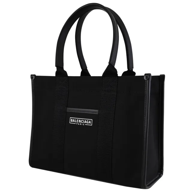 【Balenciaga 巴黎世家】Hardware 簡約LOGO質感帆布手提包托特包兩用包(黑)