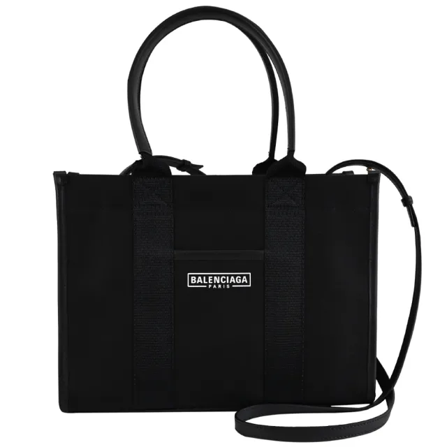 【Balenciaga 巴黎世家】Hardware 簡約LOGO質感帆布手提包托特包兩用包(黑)