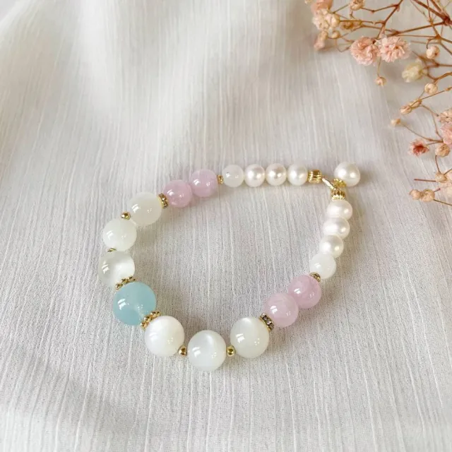 【Elegant 珍愛宣言】海藍寶月光石薰衣草紫水晶天然珍珠彈性手鏈(珍珠手鍊 珍珠手環 水晶手鍊 紫水晶)