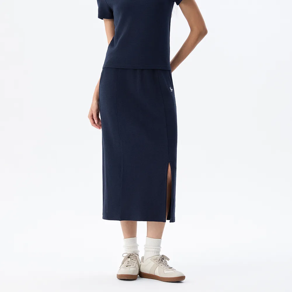 【GAP】女裝 Logo刺繡抽繩鬆緊長裙-海軍藍(765832)