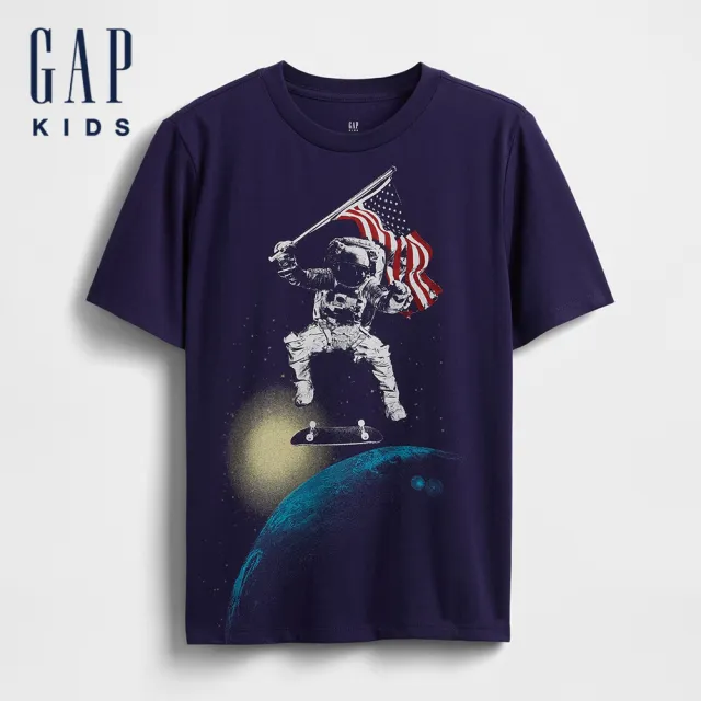 【GAP】男童裝 純棉印花圓領短袖T恤-深藍色(780207)