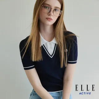 【ELLE ACTIVE】女款 氣質學院風假兩件針織短袖上衣-深藍色(EA25S1W5104#39)