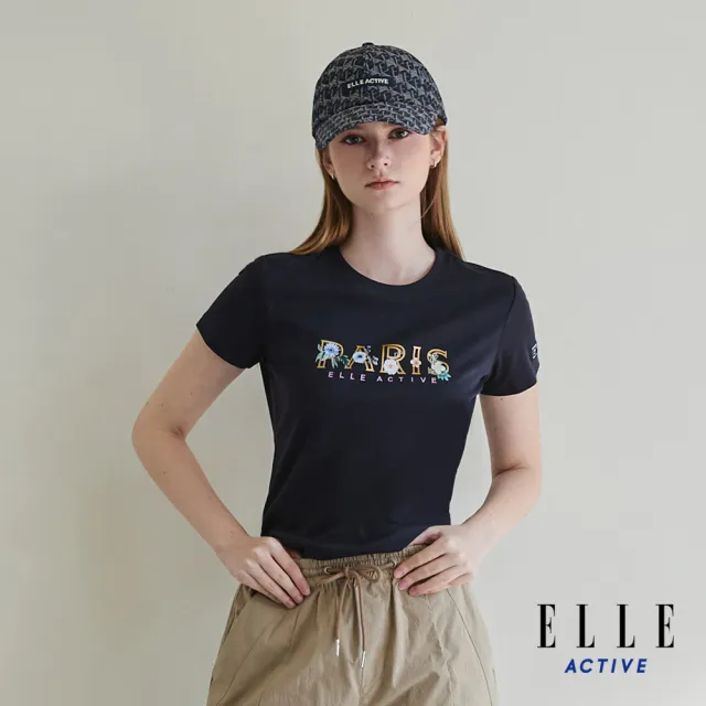 【ELLE ACTIVE】女款 巴黎插畫字母印花短袖T恤-深藍色(EA25S1W1602-39)