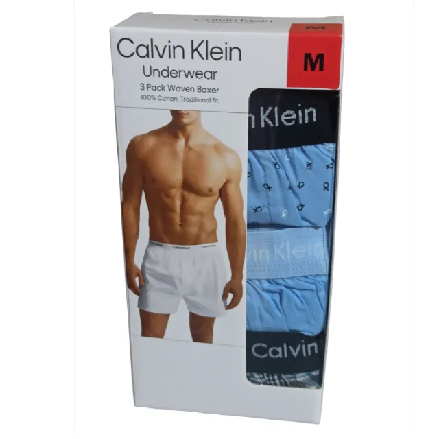 【CALVIN KLEIN】3件組 男純棉平織平口褲 CK男內褲(寬鬆內褲 棉質內褲 四角褲 透氣 男生內褲)