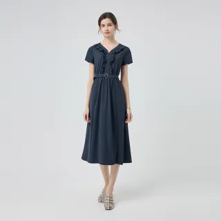 【ILEY 伊蕾】-3℃荷葉門襟腰帶長洋裝(深藍；M-2L；1252027008)