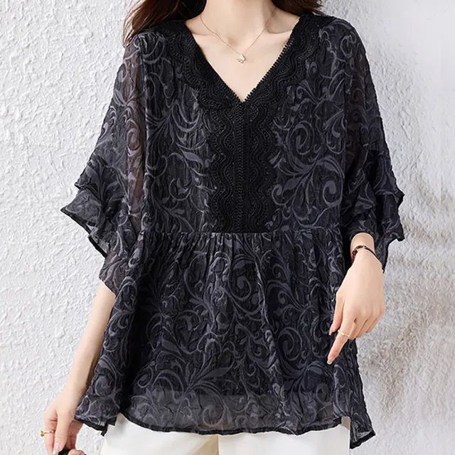 【麗質達人】9509黑色印花上衣-LY(M-5XL)