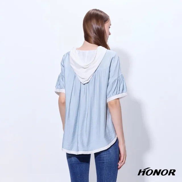 【HONOR 山形屋】出清品 輕薄撞色拼接抽繩連帽短袖上衣-藍/綠(限定出清)