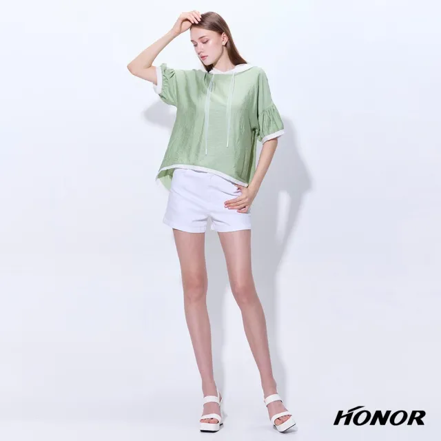 【HONOR 山形屋】出清品 輕薄撞色拼接抽繩連帽短袖上衣-藍/綠(限定出清)