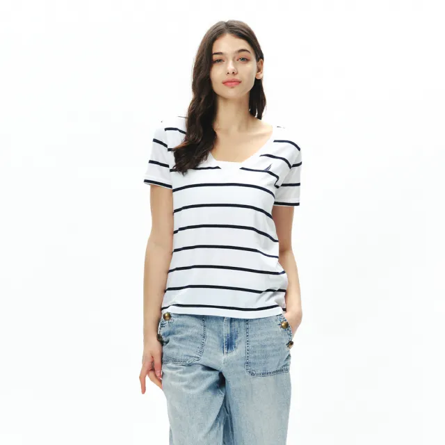 【NAUTICA】官方旗艦 女裝 細條紋V領短袖T恤(白色)
