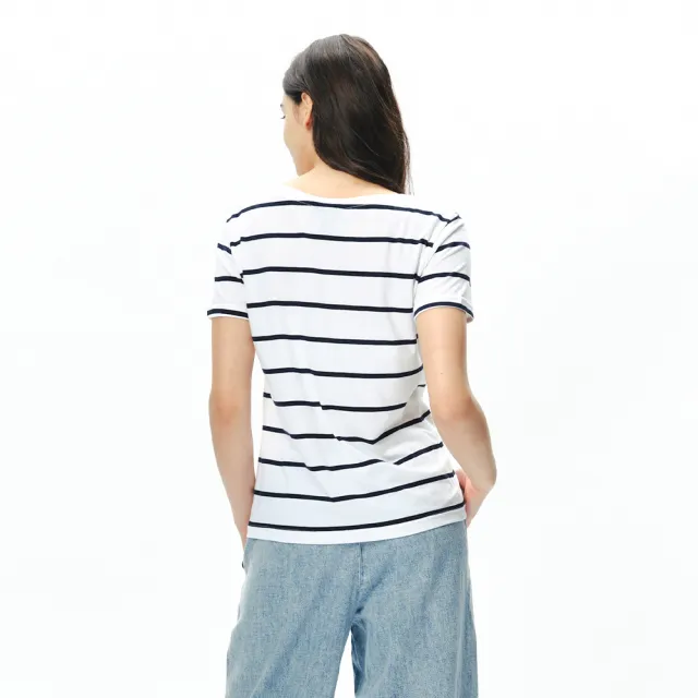 【NAUTICA】官方旗艦 女裝 細條紋V領短袖T恤(白色)