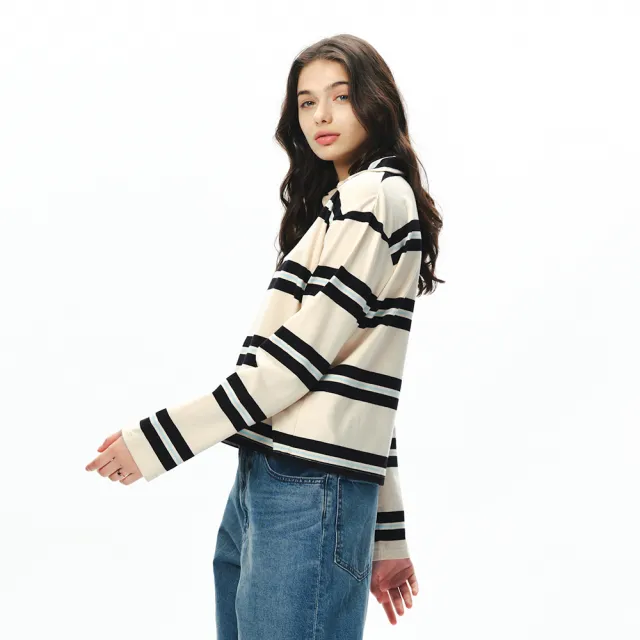 【NAUTICA】官方旗艦 女裝 撞色條紋休閒長袖POLO衫(卡其色)