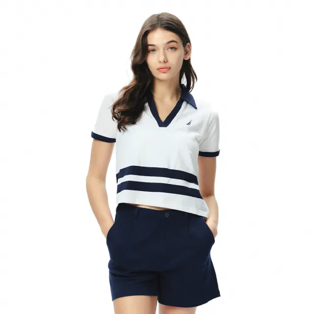 【NAUTICA】官方旗艦 女裝 經典條紋短版短袖POLO衫(白色)