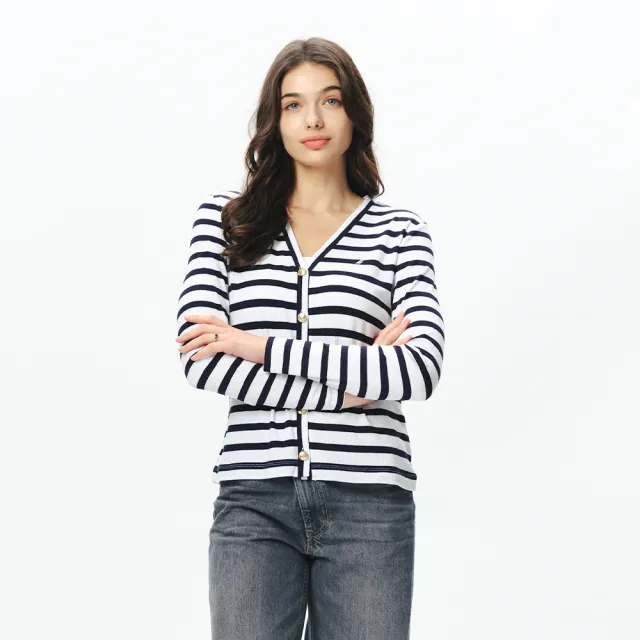 【NAUTICA】官方旗艦 女裝 經典條紋長袖針織外衫(白色)