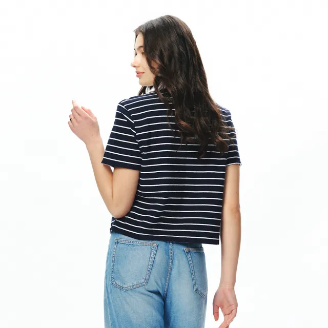 【NAUTICA】官方旗艦 女裝 經典條紋白領短袖POLO衫(深藍色)