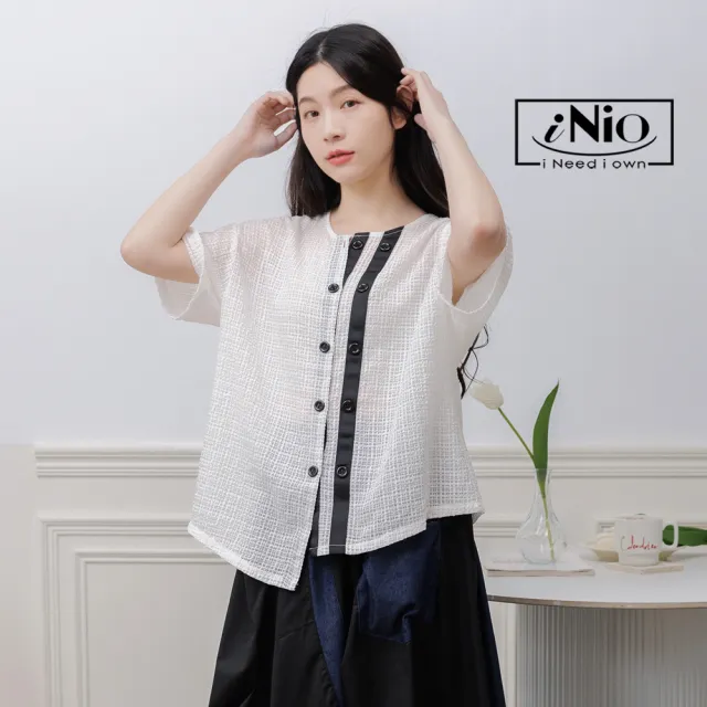 【iNio 衣著美學】短袖上衣 現貨 立體泡泡布 拼接 圓領 寬鬆版 短袖棉T(CEW1052)