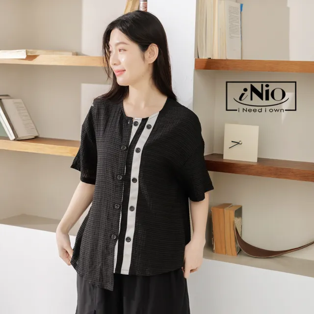 【iNio 衣著美學】短袖上衣 現貨 立體泡泡布 拼接 圓領 寬鬆版 短袖棉T(CEW1052)