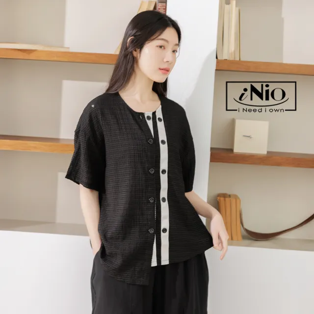 【iNio 衣著美學】短袖上衣 現貨 立體泡泡布 拼接 圓領 寬鬆版 短袖棉T(CEW1052)