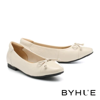 【BYHUE】簡約氣質純色蝴蝶結異材質軟芯低跟鞋(米白)