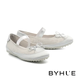 【BYHUE】簡約純欲風蝴蝶結鬆緊帶軟芯瑪莉珍平底鞋(銀)