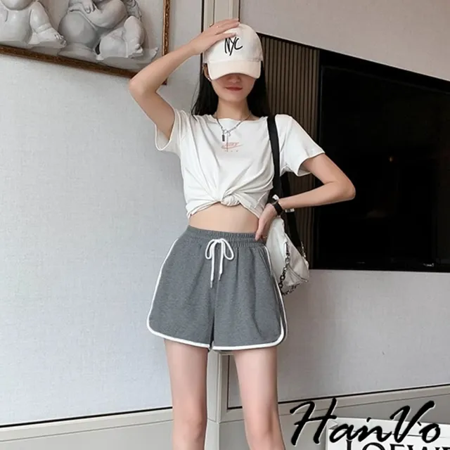 【HanVo】現貨 修飾身型! 運動休閒短褲 棉質寬鬆居家褲(韓系女裝 女生褲裝 A03-2117)